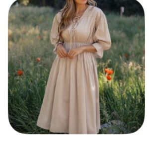 100% Cotton Beige Long Sleeve Ruffle Tie Dress Size Medium